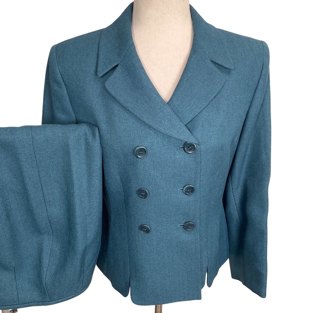 Le‎ Suit Skirt Set Womens 8P Teal Blue Herringbone Texture  Double Breast Office